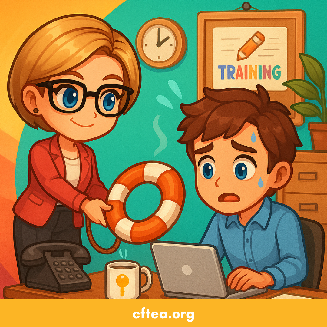 A cheerful chibi-style woman with blonde hair and glasses hands a life preserver to a worried man sweating at his laptop. They are in a cozy office with a “Training” poster, clock, desk phone, potted plant, and a coffee mug with a key logo. The scene playfully suggests support and training for someone struggling with work. The bottom banner displays "cftea.org".