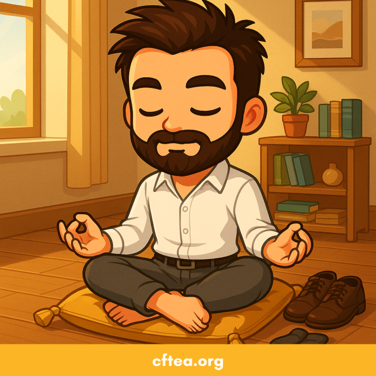 Cartoon illustration of CFTEA Executive Director Andrew Lederer sitting cross-legged on a cushion in a peaceful room. He is meditating with eyes closed and hands resting on his knees. He has brown hair and a beard, wears a white dress shirt and dark pants, and his shoes and socks are neatly placed beside him. The room has warm sunlight, a bookshelf with plants and books, and a calm, cozy atmosphere. The text “cftea.org” appears at the bottom.