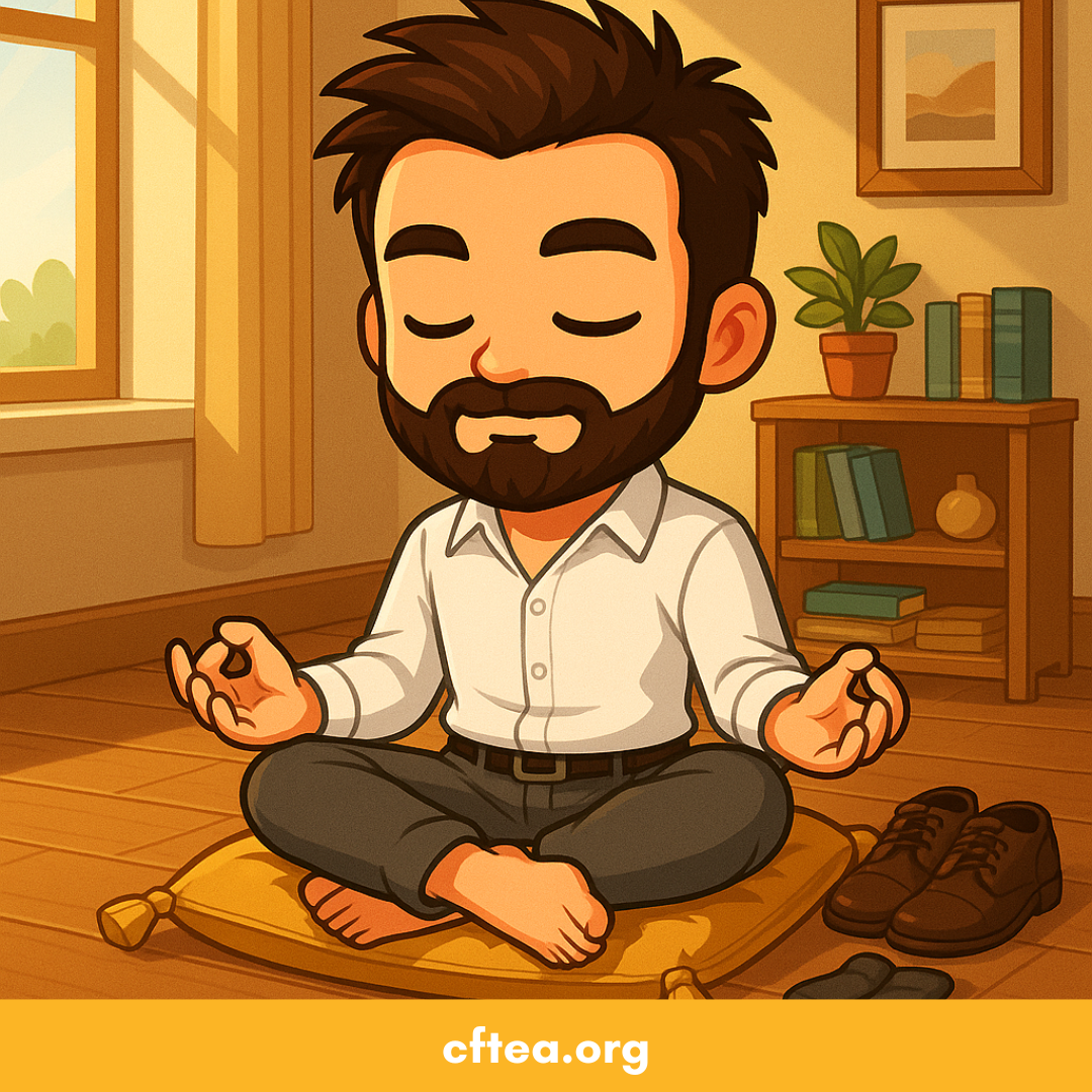 Cartoon illustration of CFTEA Executive Director Andrew Lederer sitting cross-legged on a cushion in a peaceful room. He is meditating with eyes closed and hands resting on his knees. He has brown hair and a beard, wears a white dress shirt and dark pants, and his shoes and socks are neatly placed beside him. The room has warm sunlight, a bookshelf with plants and books, and a calm, cozy atmosphere. The text “cftea.org” appears at the bottom.
