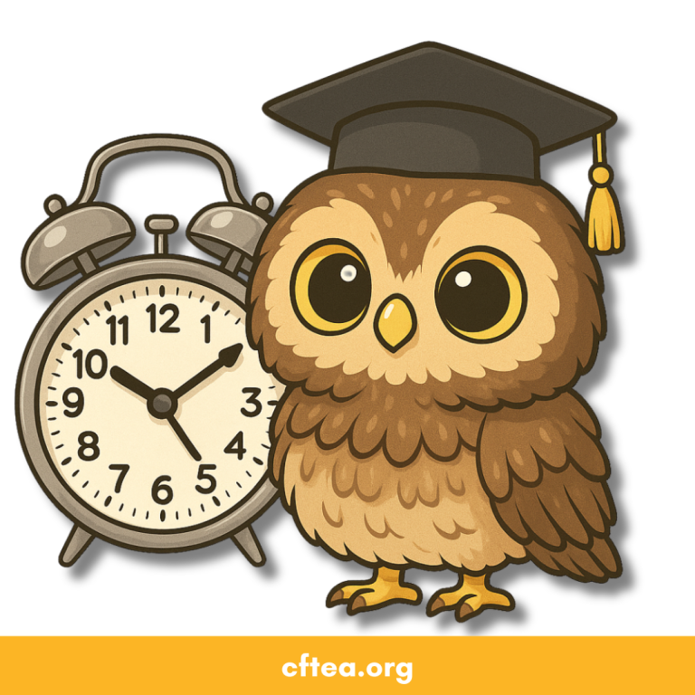 Illustration of CFTEA's mascot a wide eyed owl, Ollie, wearing a graduation cap standing next to an alarm clock, representing time to complete coursework or reach an educational goal, with cftea.org displayed.