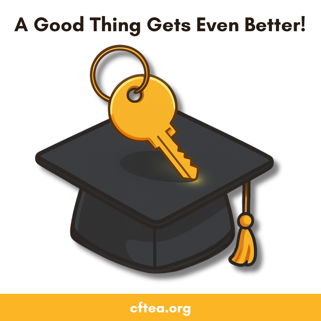 A black graduation cap sits on a white background with a gold tassel hanging to one side. Resting on top of the cap is a CFTEA gold key, symbolizing learning opening doors to new opportunities. The key has a soft glow, giving the image a positive and hopeful tone.