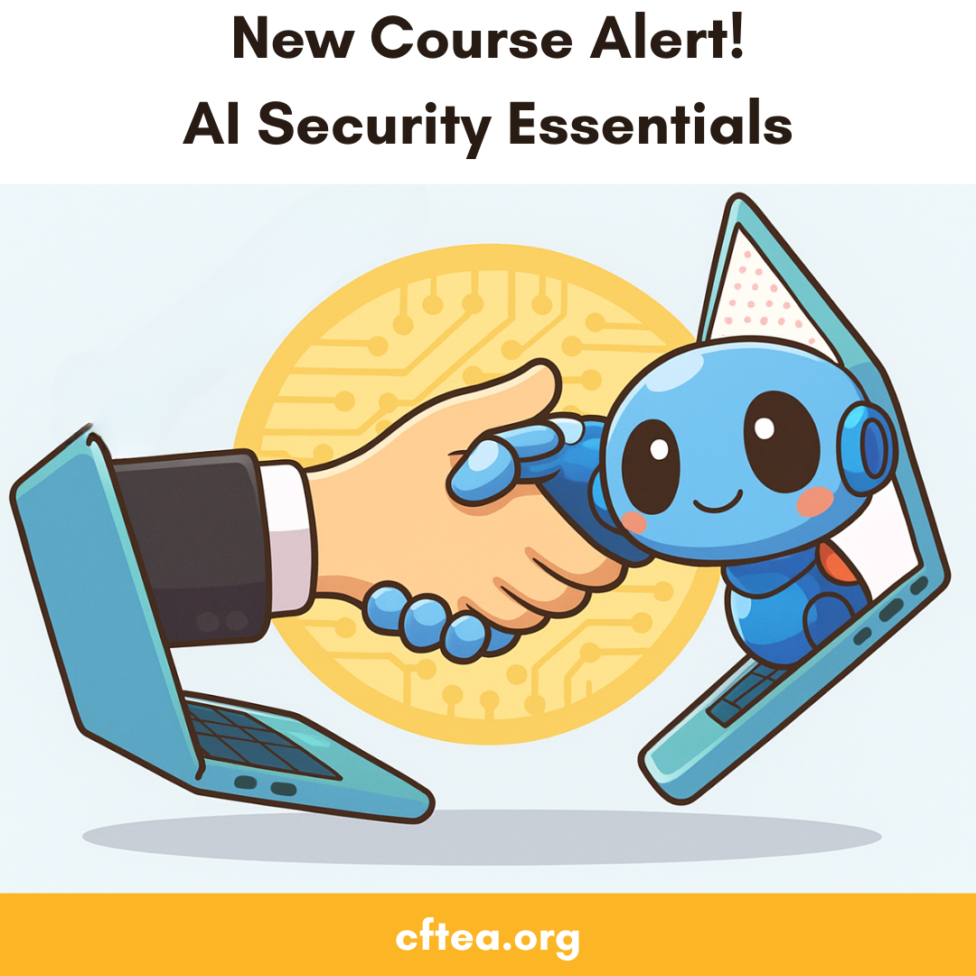 A cute cartoon style robot reaches out from a laptop screen and shakes hands with a person reaching from another laptop. A gold circle with simple circuit lines sits behind them. The scene shows friendly teamwork between people and technology in a warm and playful way. Bank Training and Professional Development.