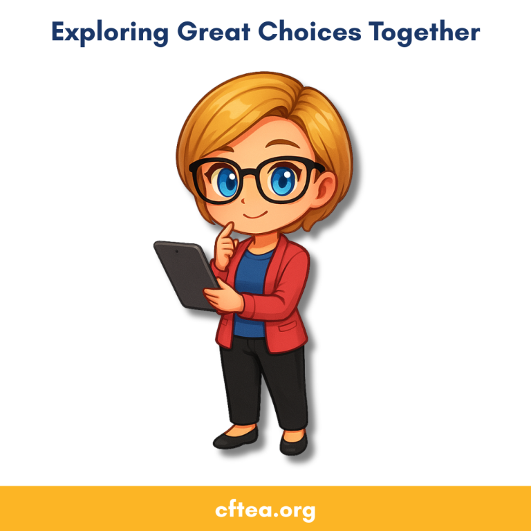 Chibi style illustration of Tammy with short blonde hair and glasses. She is wearing a blue top with a red sweater, black pants, and black flats. Tammy is standing on a white background, holding a tablet and lightly tapping her chin as she considers options. Her expression is curious and thoughtful, as if she is reviewing choices to share.