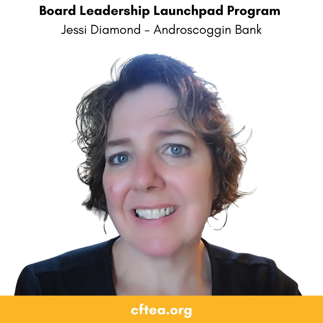 A professional headshot of Jessi Diamond from Androscoggin Bank. She is smiling, with short wavy brown hair and blue eyes, set against a clean white background. At the top of the image is the text Board Leadership Launchpad Program with her name and bank listed beneath it. A gold banner along the bottom displays the CFTEA website. Bank Training.