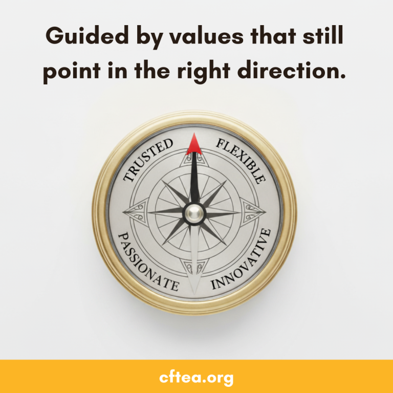 A silver compass with a gold edge shows four labeled points: Trusted, Flexible, Passionate, and Innovative. The compass needle points up toward the word Trusted. Above the compass is the text, “Guided by values that still point in the right direction.” A gold banner at the bottom displays cftea.org in white text. Bank Training and Professional Development.