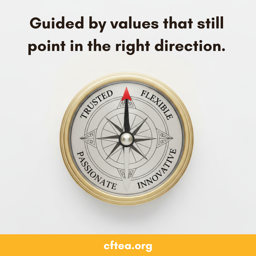 A silver compass with a gold edge shows four labeled points: Trusted, Flexible, Passionate, and Innovative. The compass needle points up toward the word Trusted. Above the compass is the text, “Guided by values that still point in the right direction.” A gold banner at the bottom displays cftea.org in white text. Bank Training and Professional Development.