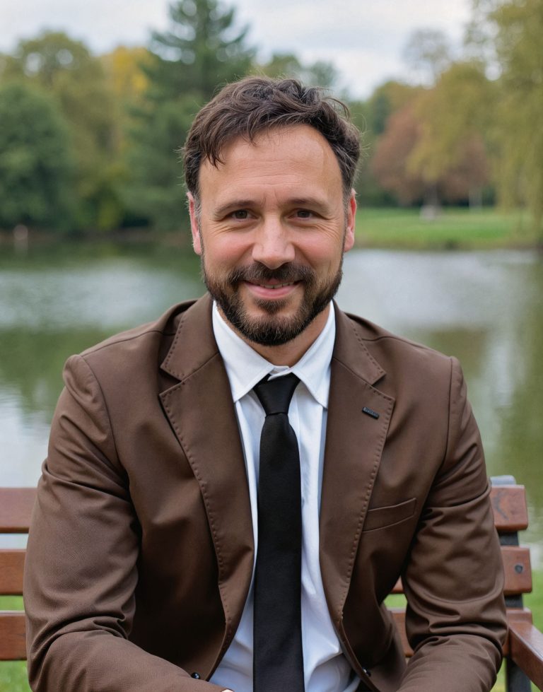 A professional outdoor portrait of CFTEA Executive Director, Andrew Lederer. He is seated on a wooden bench near a calm lake with trees in the background. Andrew is smiling and wearing a brown suit jacket, white dress shirt, and black tie. The setting is peaceful with soft natural light and early autumn foliage behind him.