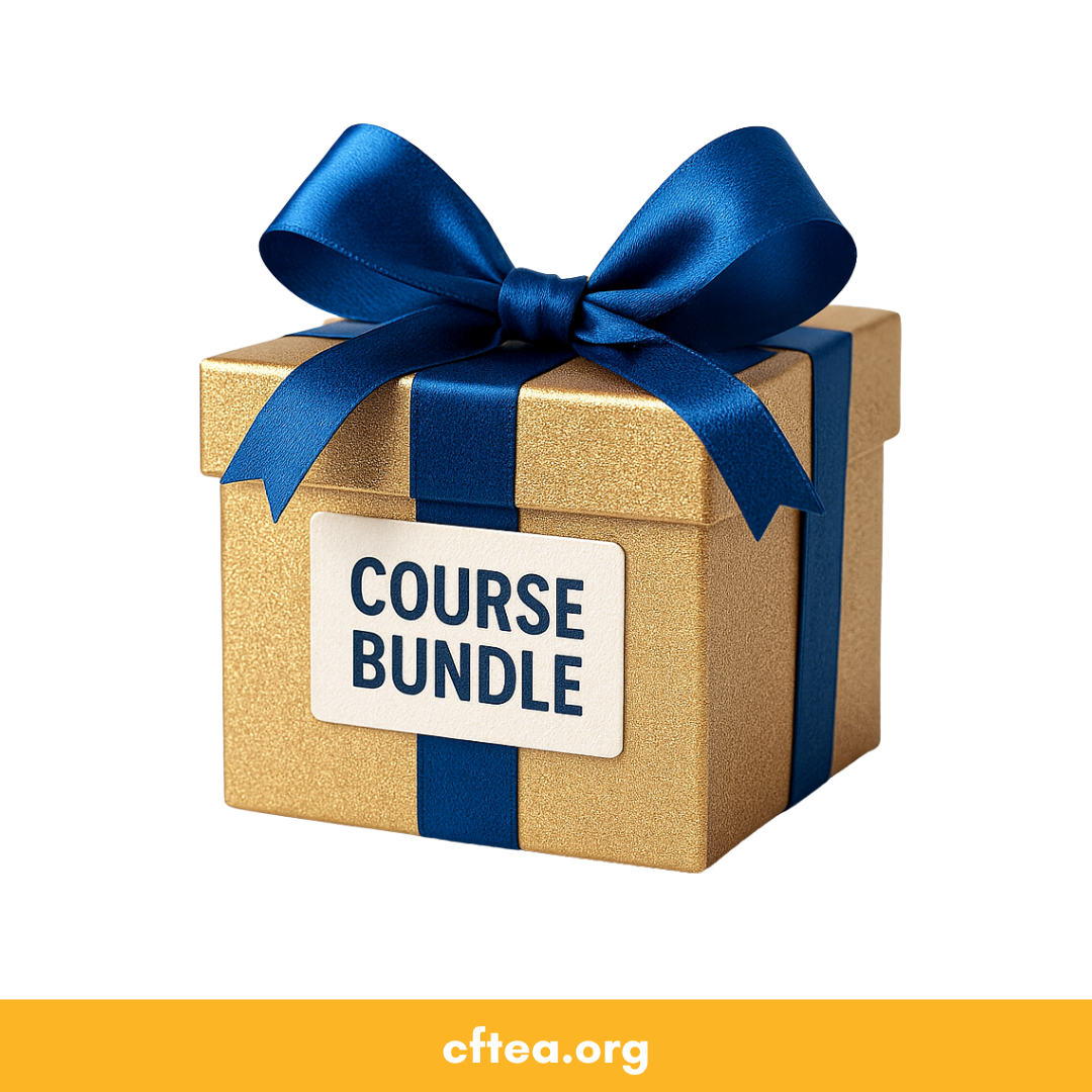A gold gift box wrapped with a blue ribbon and bow. A label on the front reads Course Bundle. Along the bottom of the image is a gold bar with the text cftea.org.