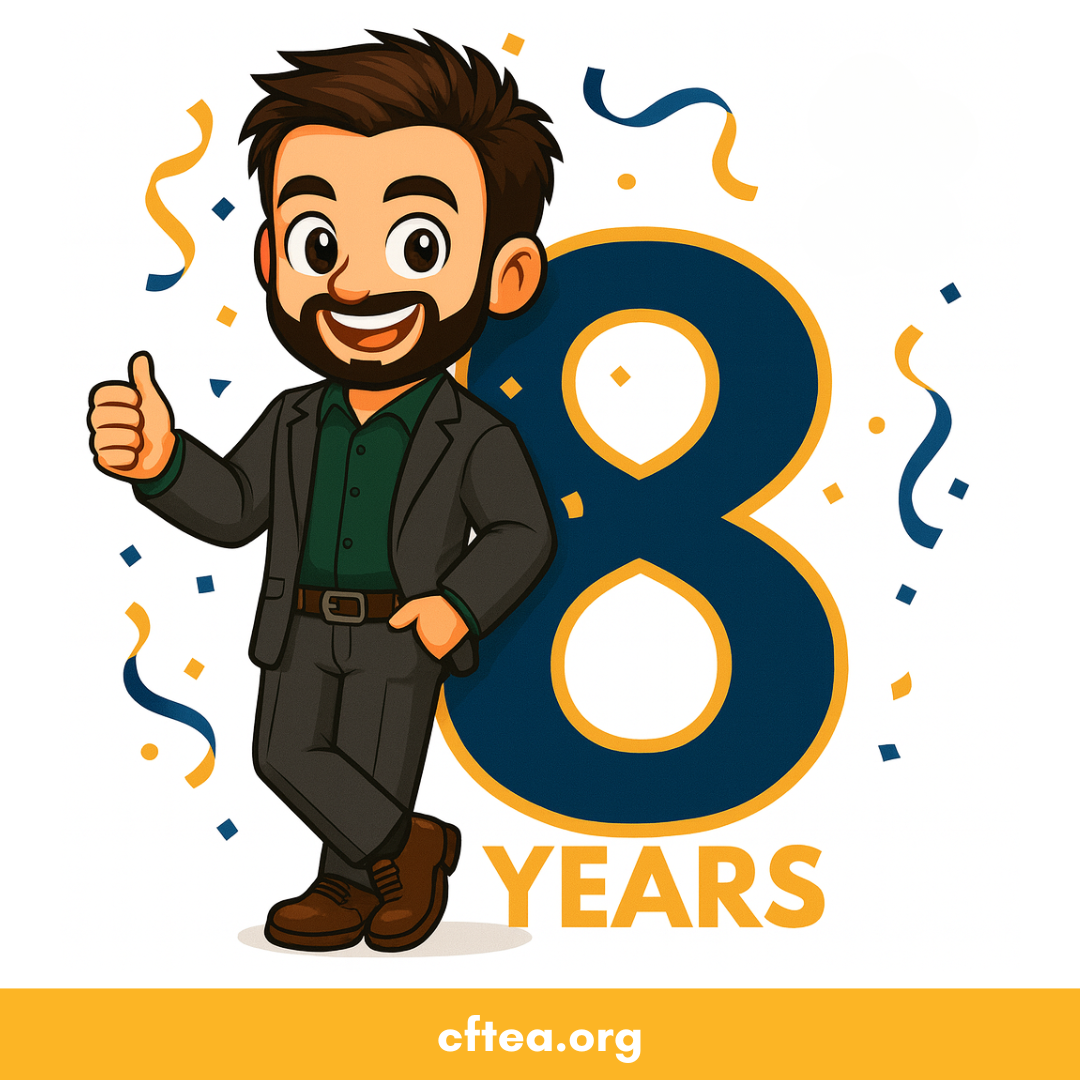 Chibi-style illustration of CFTEA Executive Director Andrew in a dark suit and green shirt, smiling and giving a thumbs up while leaning casually beside a large number 8, with confetti around him to celebrate 8 years.