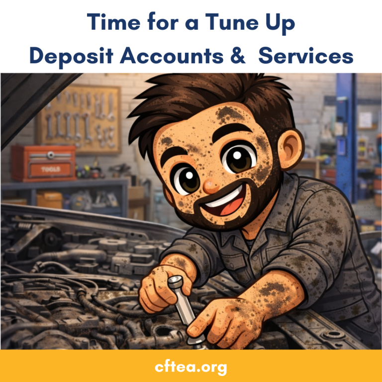 Chibi-style illustration of CFTEA Executive Director Andrew Lederer as a mechanic, smiling while working under a car hood with tools, covered in grease, with text above reading “Time for a Tune Up Deposit Accounts & Services” and CFTEA branding below.