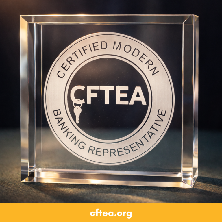 Glass award engraved with “Certified Modern Banking Representative” and CFTEA logo, displayed with soft lighting on a dark background.