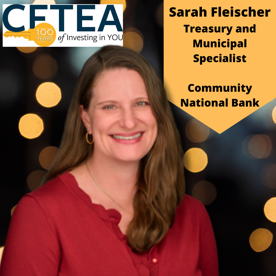 Portrait of Sarah Fleischer, Treasury and Municipal Specialist at Community National Bank, smiling against a blurred light background, with CFTEA branding.