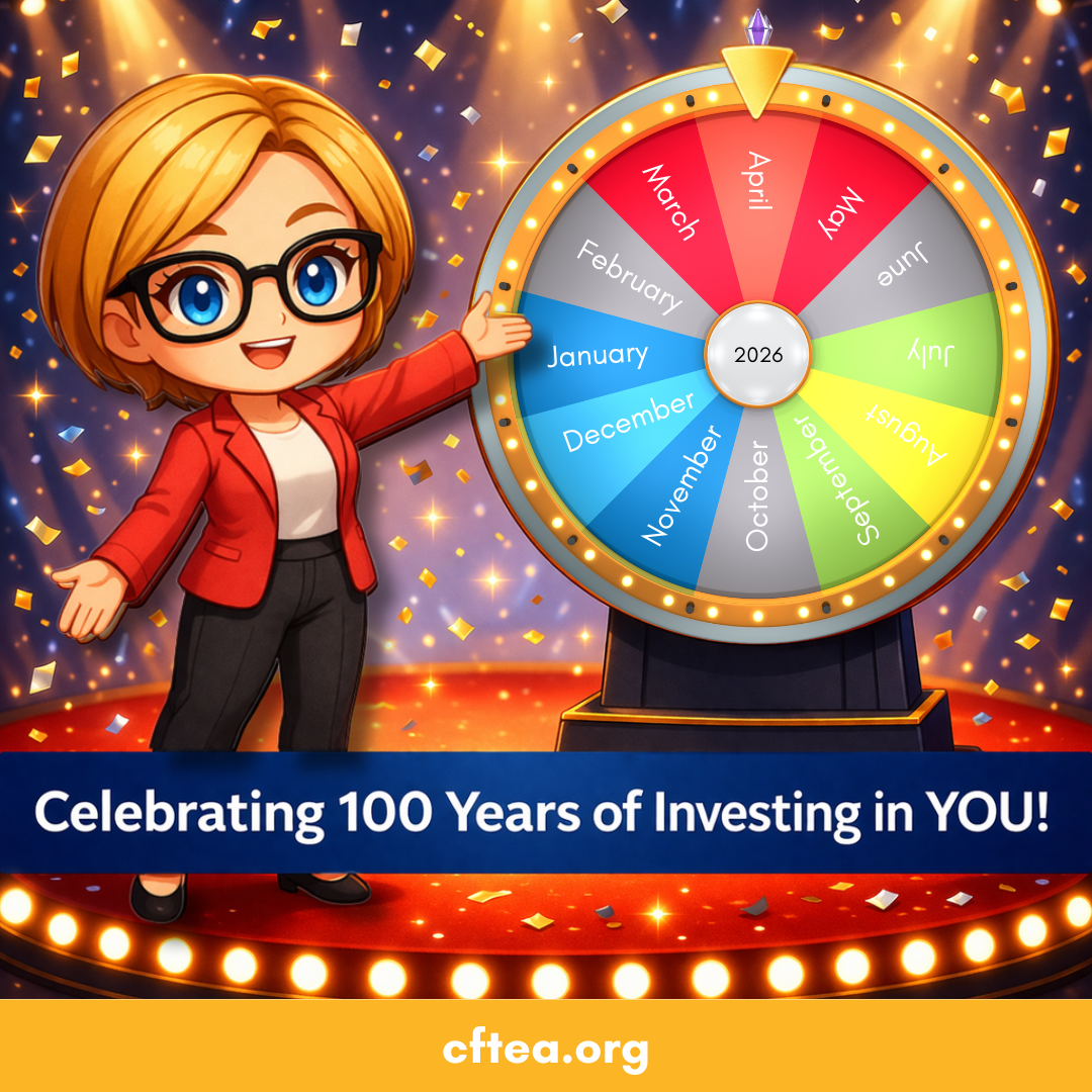 Chibi-style Tammy with glasses stands beside a colorful prize wheel labeled with months of 2026 on a stage with confetti, with text reading “Celebrating 100 Years of Investing in YOU!”