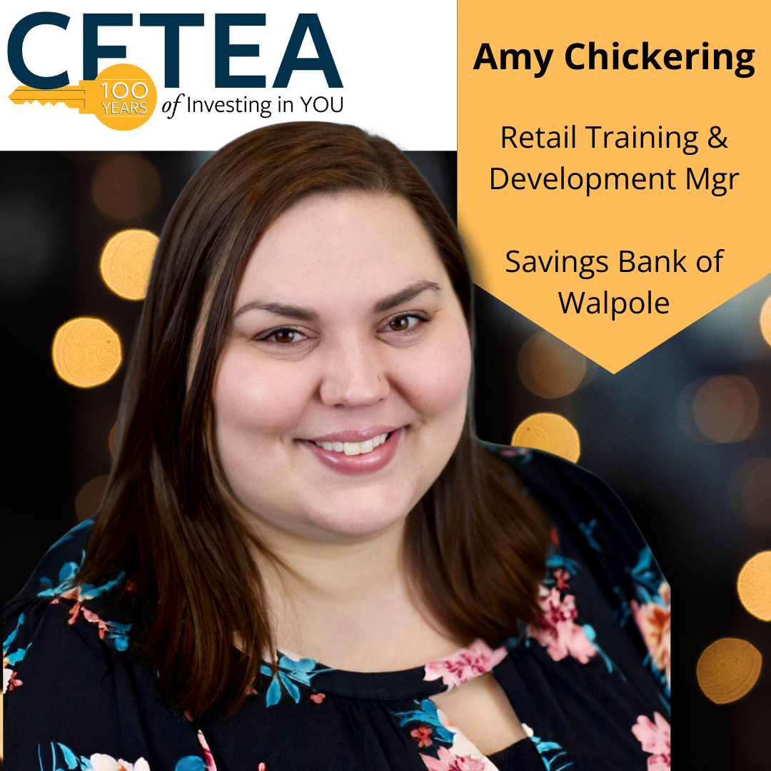 Professional portrait of Amy Chickering, Retail Training and Development Manager at Savings Bank of Walpole, featured in a CFTEA Spotlight on Success graphic with CFTEA 100 Years branding and a dark bokeh background.