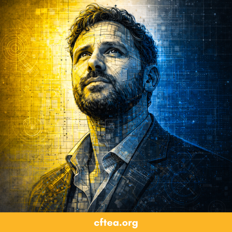Stylized digital portrait of CFTEA Executive Director Andrew Lederer with blue and gold technology inspired artwork symbolizing career development, bank training, leadership growth, and continuing education for financial institution professionals.