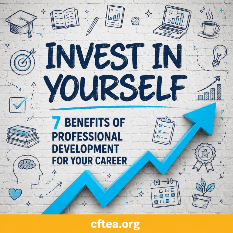 Square graphic promoting professional development with the headline “Invest in Yourself” in bold navy lettering on a white brick background. Hand-drawn educational and career-themed icons surround the text, including books, a graduation cap, charts, a laptop, a checklist, a light bulb, and a target. A large bright blue upward arrow stretches diagonally across the image, symbolizing career growth and progress. Smaller text reads “7 Benefits of Professional Development for Your Career.” A gold banner runs along the bottom edge with “cftea.org” centered in white text.
