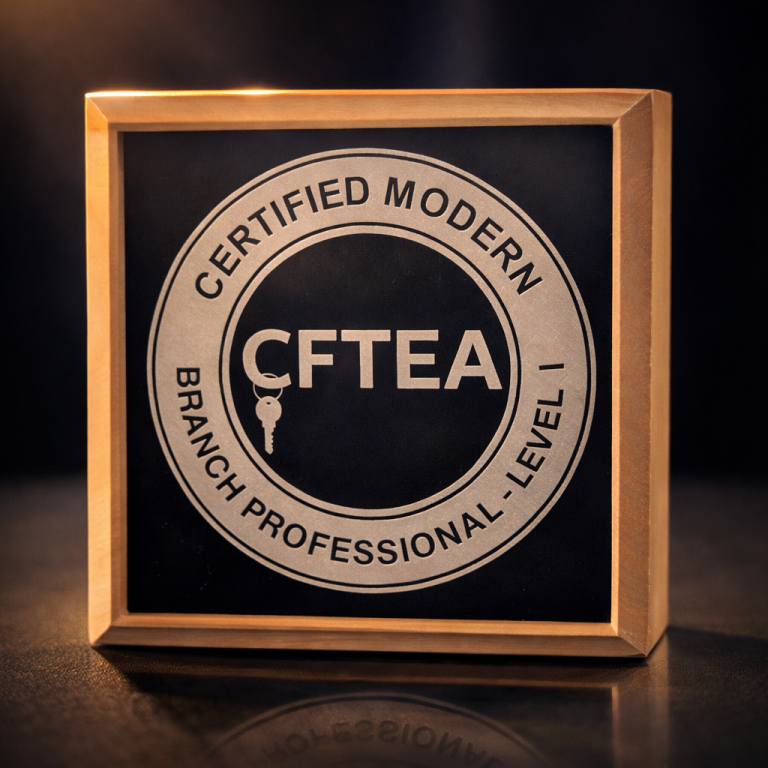 Award displaying the CFTEA Certified Modern Branch Professional Level 1 emblem with silver lettering on a dark background and warm lighting.