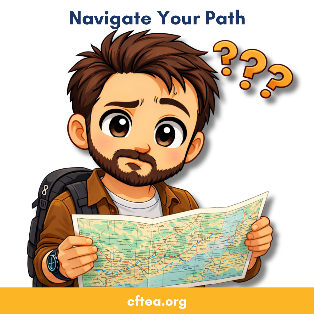 Cartoon illustration of Andrew looking thoughtfully at a map while wearing a backpack, with question marks above his head and the words “Navigate Your Path” at the top.