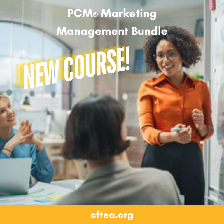 Professional woman leading a marketing meeting and writing on a presentation board while coworkers listen at a conference table. Text overlay reads “PCM® Marketing Management Bundle” and “NEW COURSE!” with CFTEA branding at the bottom.