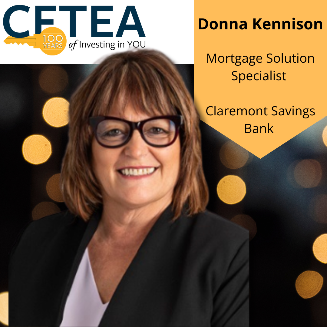 CFTEA Spotlight on Success graphic featuring Donna Kennison, Mortgage Solution Specialist at Claremont Savings Bank. Donna is smiling in a professional headshot wearing glasses and a black blazer against a dark background with warm bokeh lights. CFTEA 100 Years branding appears at the top.