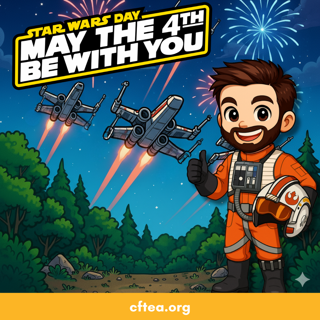 Chibi-style illustration of Andrew dressed as a space pilot inspired by a sci-fi adventure theme, giving a thumbs up while holding a pilot helmet, with starfighters flying overhead and fireworks in the night sky. Text reads “Star Wars Day, May the 4th Be With You.”