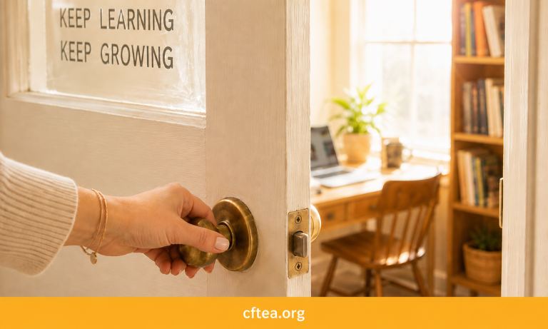 A hand turns a brass doorknob, opening a sunlit door into a warm study with a desk, books, and plants. Text on the door reads, “Keep Learning, Keep Growing.” A gold bar at the bottom says cftea.org.