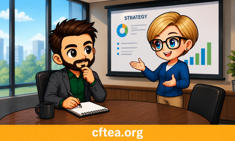 A cartoon style business meeting shows a woman presenting a strategy while a man listens attentively and takes notes at a conference table. The presenter gestures toward a screen displaying charts and graphs, while the listener rests his hand on his chin, showing thoughtful attention. Sunlight streams through large office windows, creating a bright, welcoming workspace. A gold banner across the bottom displays cftea.org in large white text.