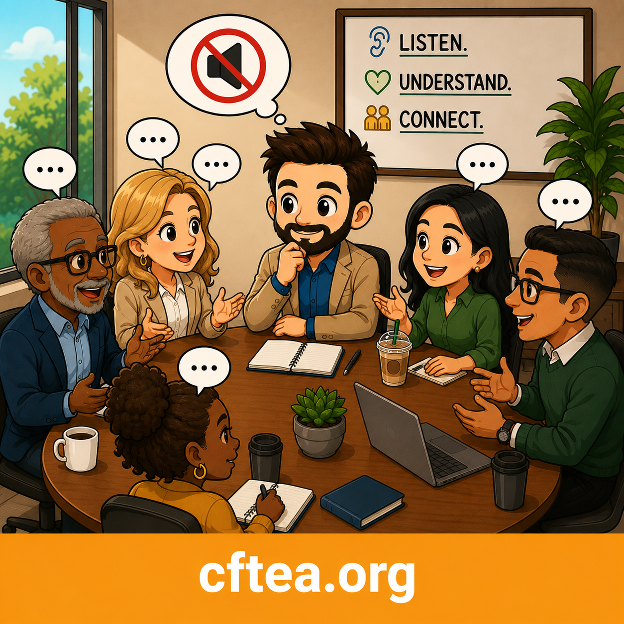 Illustrated conference room scene showing six diverse coworkers gathered around a round table in an active discussion. A smiling facilitator listens thoughtfully while others share ideas, with speech bubbles above each person emphasizing conversation. A wall sign reads, "Listen. Understand. Connect." and a muted speaker icon reinforces active listening. Large windows, indoor plants, notebooks, a laptop, and coffee cups create a welcoming workplace setting. A gold footer across the bottom displays "cftea.org."