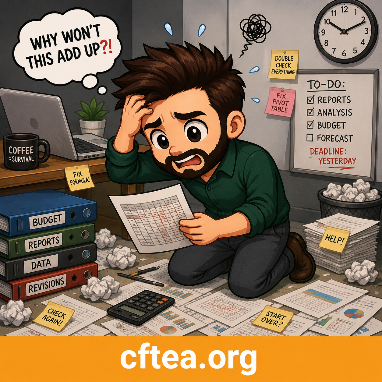 A horizontal, 1000 x 600 pixel chibi-style cartoon illustration depicting a stressed male professional with brown hair and a beard, wearing a green button-down shirt and grey pants. He is kneeling on an office floor covered in scattered financial documents, charts, a calculator, and numerous crumpled paper balls. The man holds a spreadsheet with a panicked expression under a speech bubble that reads, "WHY WON'T THIS ADD UP?!"