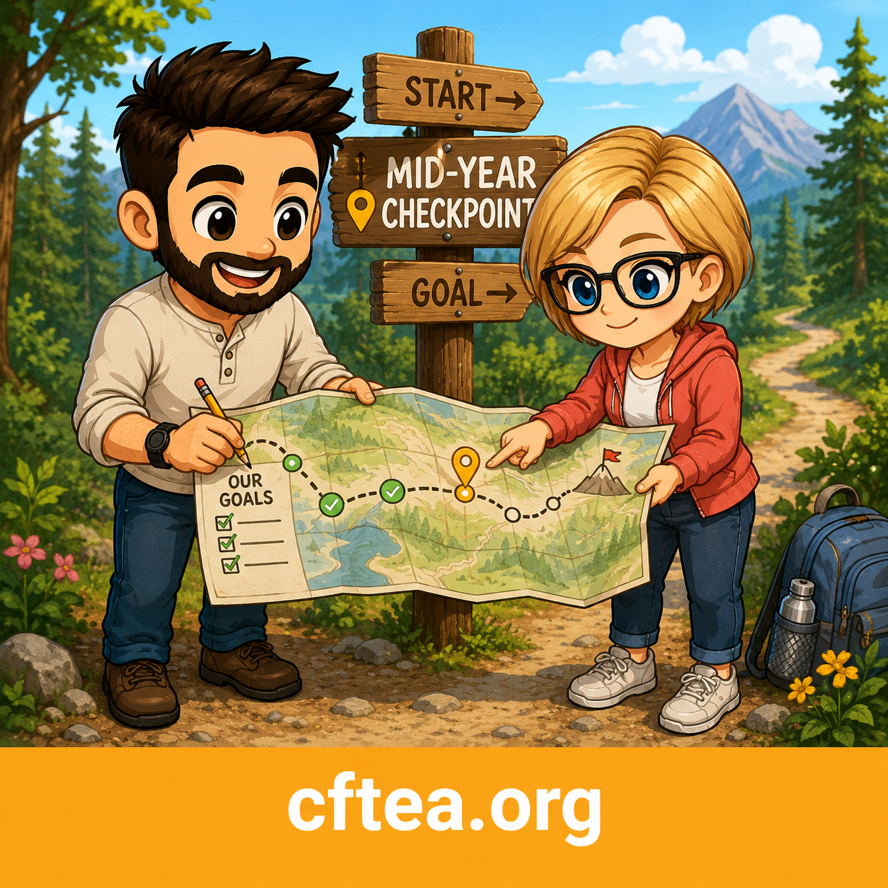 Wide illustrated graphic showing cartoon versions of Andrew and Tammy at a scenic mountain trail during a mid-year planning checkpoint. Standing beside wooden trail signs labeled "Start," "Mid-Year Checkpoint," and "Goal," they review a large map that tracks progress with checkmarks and a highlighted destination. Andrew marks the route with a pencil while Tammy points toward the next milestone. The expanded landscape includes mountain peaks, a lake, forest trails, wildflowers, a wooden bridge, and a backpack waiting beside the path, reinforcing the theme of reviewing progress and planning the next steps. A gold footer across the bottom displays the website, cftea.org.