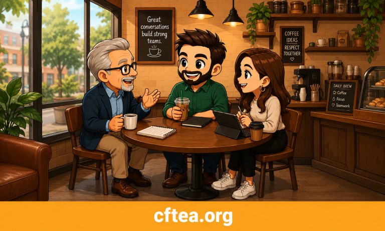 Illustrated CFTEA graphic showing three coworkers from different generations gathered around a table in a warm, welcoming coffee shop. An older professional shares ideas while a younger man and woman listen and contribute, with a notebook, tablet, and coffee drinks on the table. Chalkboard signs read "Great conversations build strong teams" and "Coffee, Ideas, Respect, Together," reinforcing the theme of collaboration across generations. Large windows, plants, and café décor create an inviting atmosphere. A gold footer at the bottom displays cftea.org in white text.