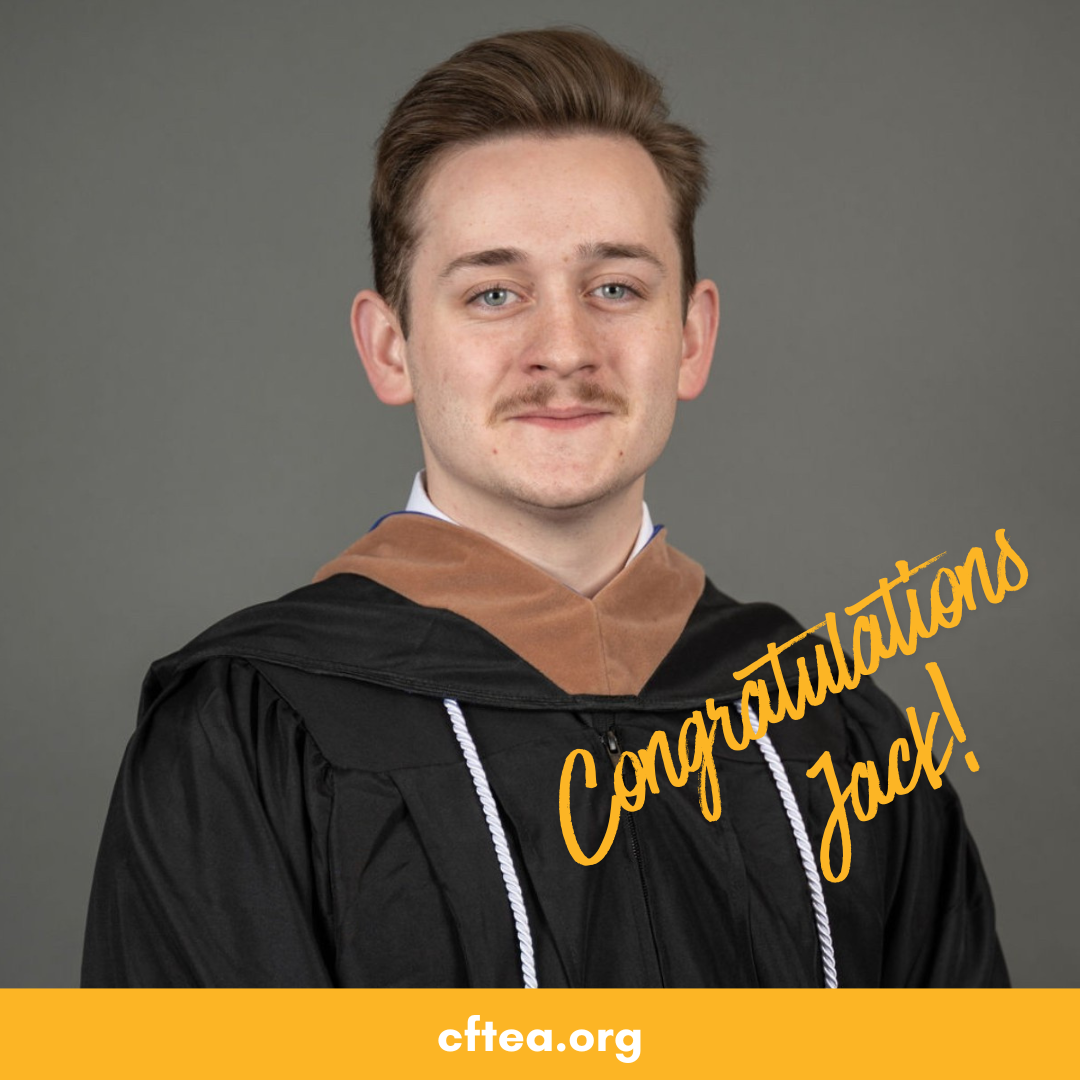 On the left, a navy blue banner with gold trim reads "Spotlight on Success" and recognizes Jack Flemming, Commercial Lending Assistant at Virginia National Bank. On the right, Jack, wearing a black graduation cap and gown.