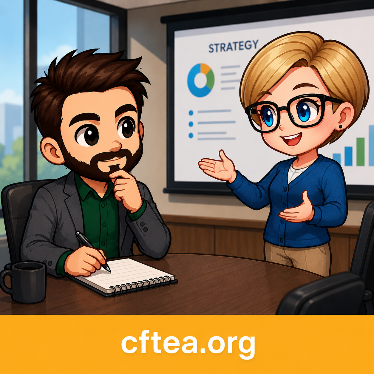 A cartoon style business meeting shows a woman presenting a strategy while a man listens attentively and takes notes at a conference table. The presenter gestures toward a screen displaying charts and graphs, while the listener rests his hand on his chin, showing thoughtful attention. Sunlight streams through large office windows, creating a bright, welcoming workspace. A gold banner across the bottom displays cftea.org in large white text.