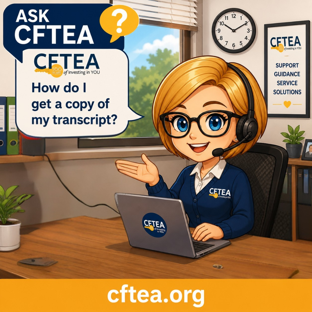 A horizontal, 1000 x 600 pixel chibi-style cartoon illustration featuring a cheerful female professional with blonde hair, glasses, and a headset sitting at an office desk. She is wearing a blue cardigan over a white collared shirt, gesturing toward a laptop with a CFTEA logo on it. To her left, large speech bubbles display a customer service conversation: "How do I get a copy of my transcript?" followed by the response, "Great question! You can easily request a copy of an unofficial or official transcript depending on your needs. We're here to help!" The expanded office background shows a desk equipped with a dual monitor setup displaying business charts, potted plants, binders, and a blue mug that reads "Investing in YOU." Behind her, a large window reveals an office building exterior. To her right, shelves are filled with colorful books, a framed "Training Center Campus" map, and certificates hanging on the wall. A small table sign on her desk reads "HERE TO HELP," alongside a spiral notepad listing "Questions, Answers, Support." A clock on the wall reads roughly 10:10. The entire bottom of the image is framed by a solid bright orange banner featuring the website text "cftea.org" in bold white lettering.