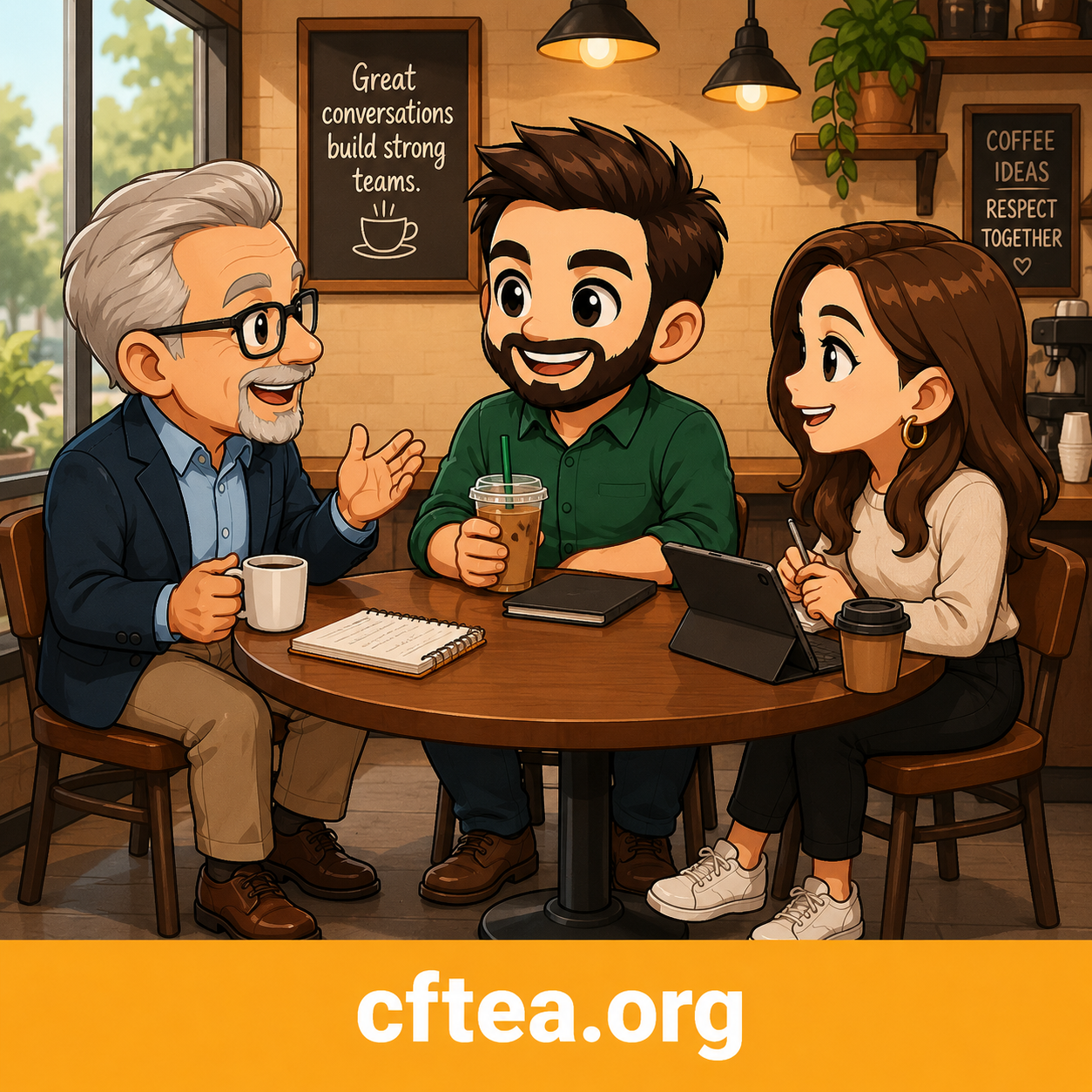 Illustrated CFTEA graphic showing three coworkers from different generations gathered around a table in a warm, welcoming coffee shop. An older professional shares ideas while a younger man and woman listen and contribute, with a notebook, tablet, and coffee drinks on the table. Chalkboard signs read "Great conversations build strong teams" and "Coffee, Ideas, Respect, Together," reinforcing the theme of collaboration across generations. Large windows, plants, and café décor create an inviting atmosphere. A gold footer at the bottom displays cftea.org in white text.