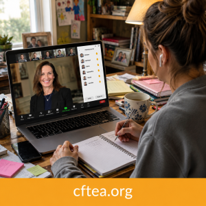 A woman is sitting at her desk, watching a virtual course from CFTEA.