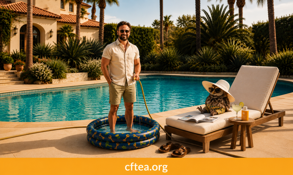 Andrew is smiling and wearing sunglasses stands ankle deep in a small blue kiddie pool decorated with gold keys while filling it with a garden hose beside a luxurious backyard swimming pool. Next to him, a relaxed owl wearing a wide brimmed sun hat, sunglasses, and patterned swim trunks lounges on a cushioned chaise, reading a magazine beside a tropical drink. Palm trees, lush landscaping, and a Mediterranean style home create a sunny resort atmosphere. A gold banner spans the bottom of the image with the white text, "cftea.org."
