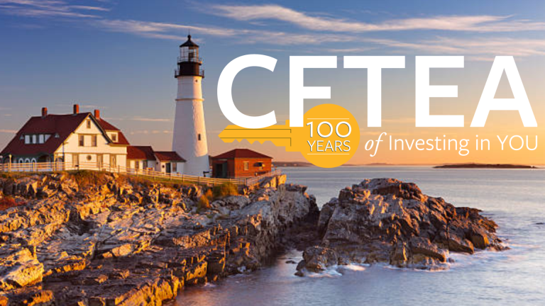 CFTEA Logo at ocean with portland head light at sunrise. July special professional development.